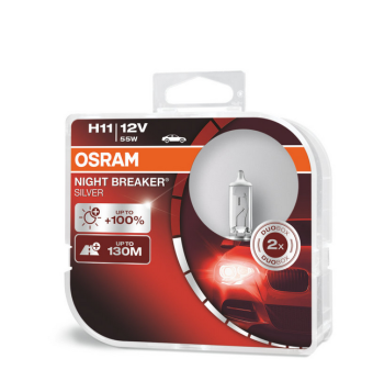 Лампы Osram Н11 (55) (+100% яркости) Night Breaker Silver 12В в Евро-упаковке 2шт.